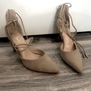 lulus suede beige skinny ankle strap wrap closed point toe kitten heels sandals